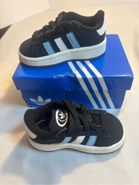 adidas Campus Kids 6 Black Sneakers with Light Blue & White Stripes New